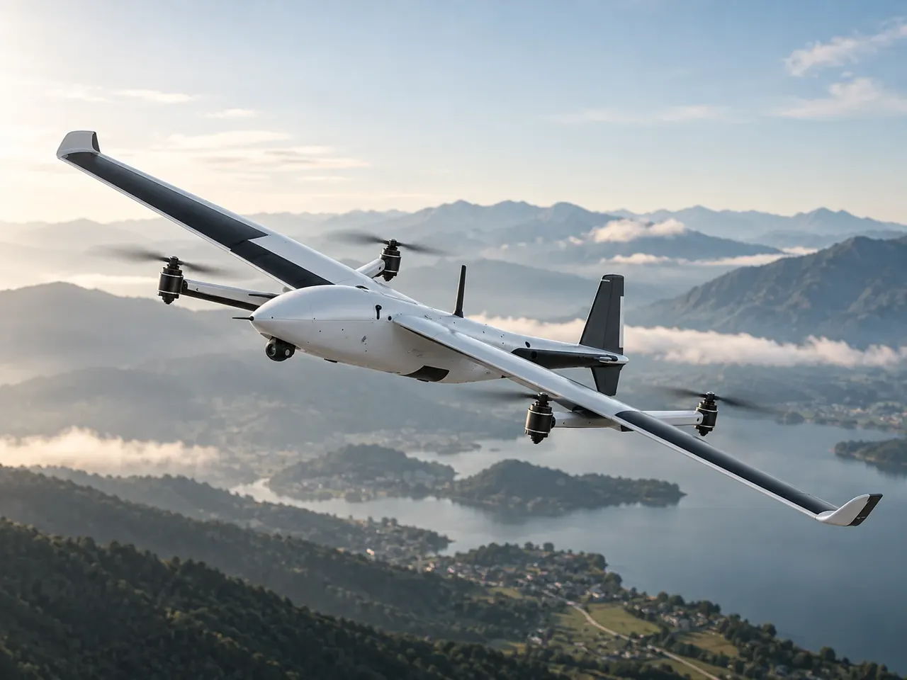 A SkyMinds VTOL UAV in flight over mountains and a lake
