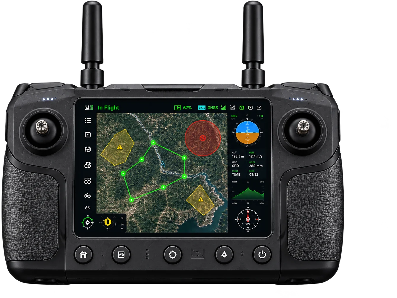 SkyMinds ground control station showing a flight route avoiding a no-fly zone