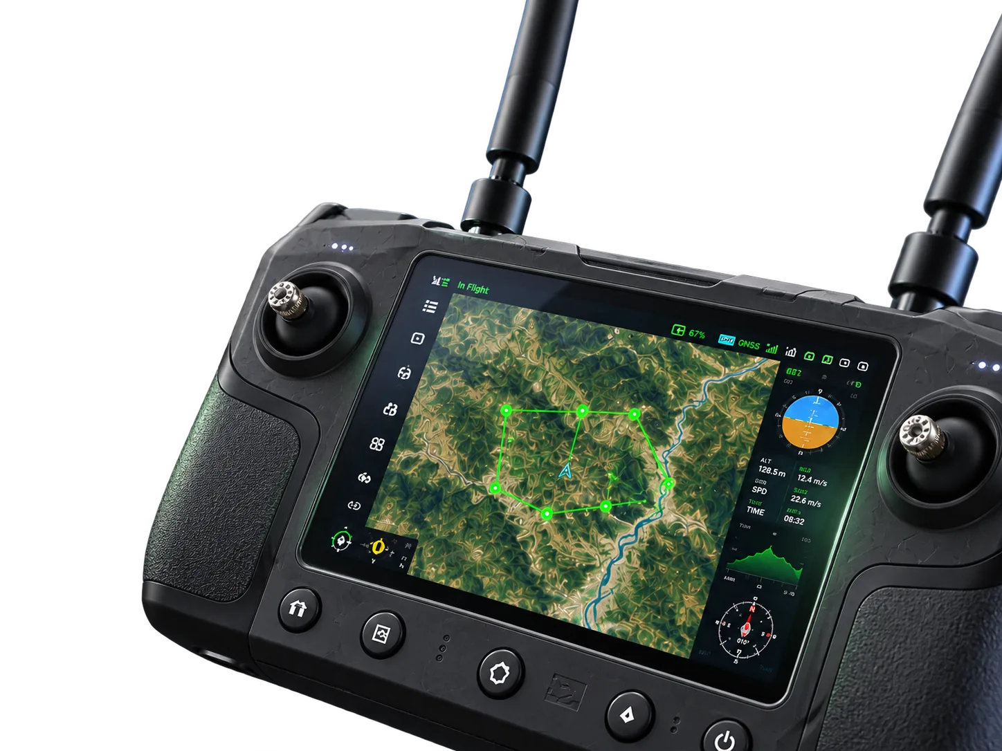 SkyMinds ground control station, angled, showing a live survey flight on its screen