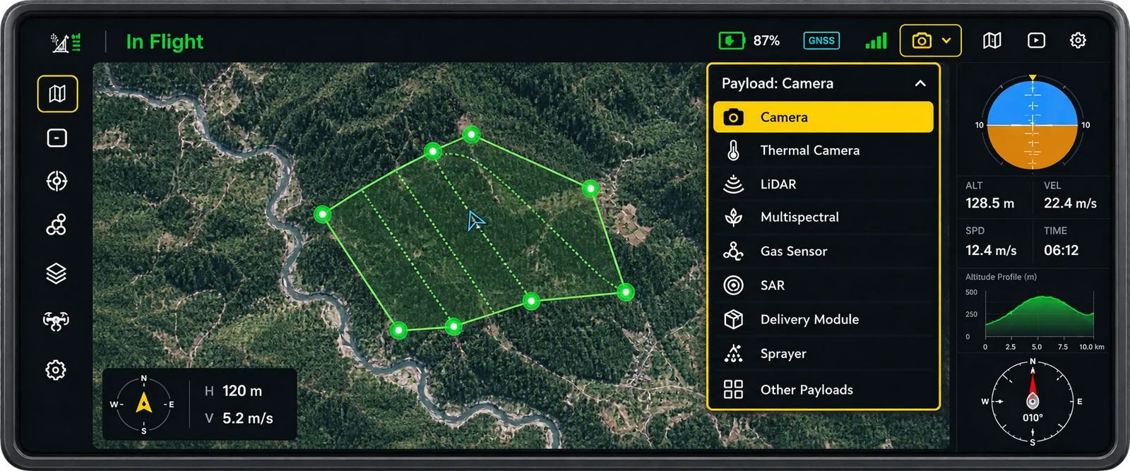 SkyMinds GCS payload menu: camera, thermal, LiDAR, multispectral, gas sensor, SAR, delivery module and sprayer