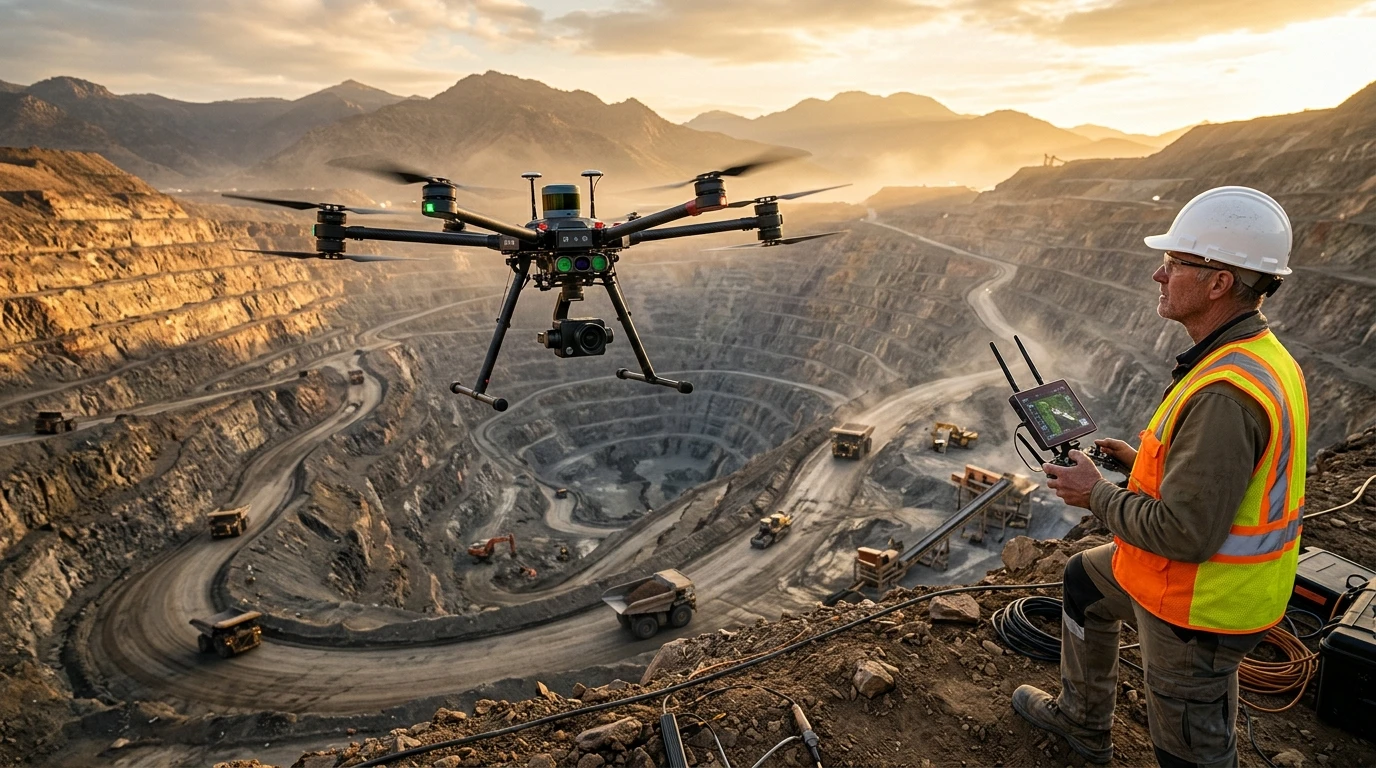 Industrial drone surveying open pit quarry
