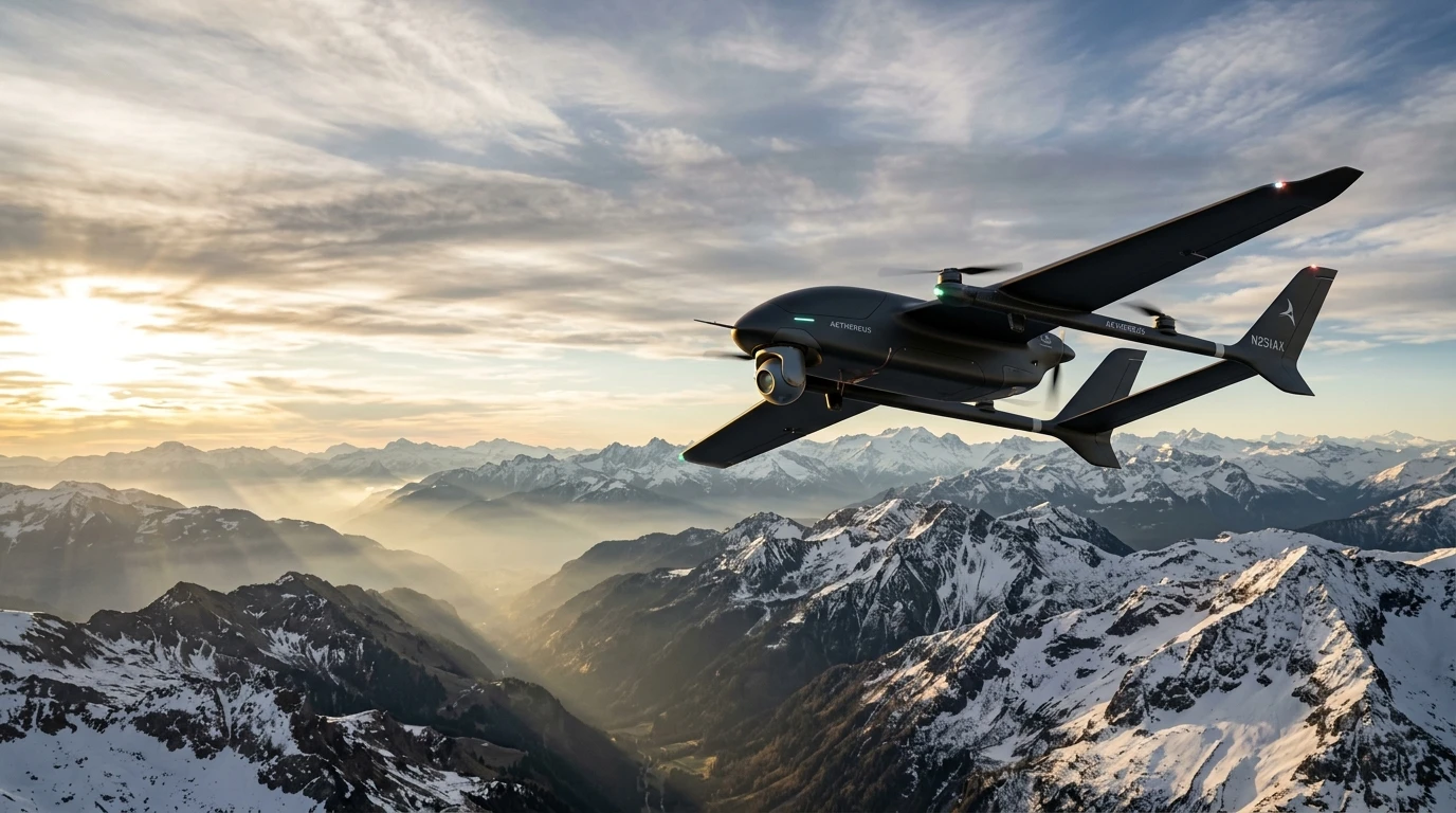 SkyMinds tactical UAV in flight over sunrise mountains